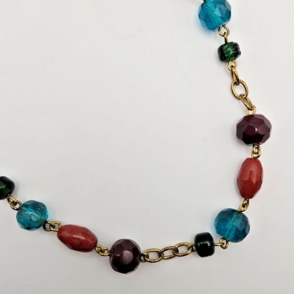 Zad Muted Multicolor Glass Beads on Long Gold Tone Oval Link Chain Necklace - Picture 3 of 4